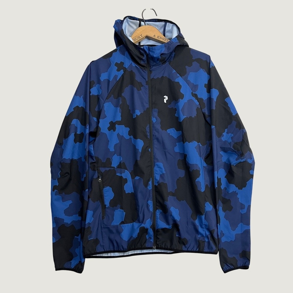Peak Performance Fremont PRJ Blue Camo Hooded Windbreaker Jacket Mens Size M